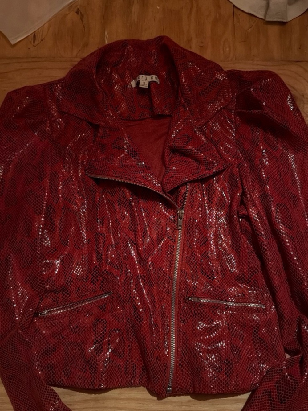 Women's Red Faux Snakeskin Moto Jacket